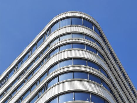 Architectural detail of a modern office building in Den Haag, Zuid-Holland.